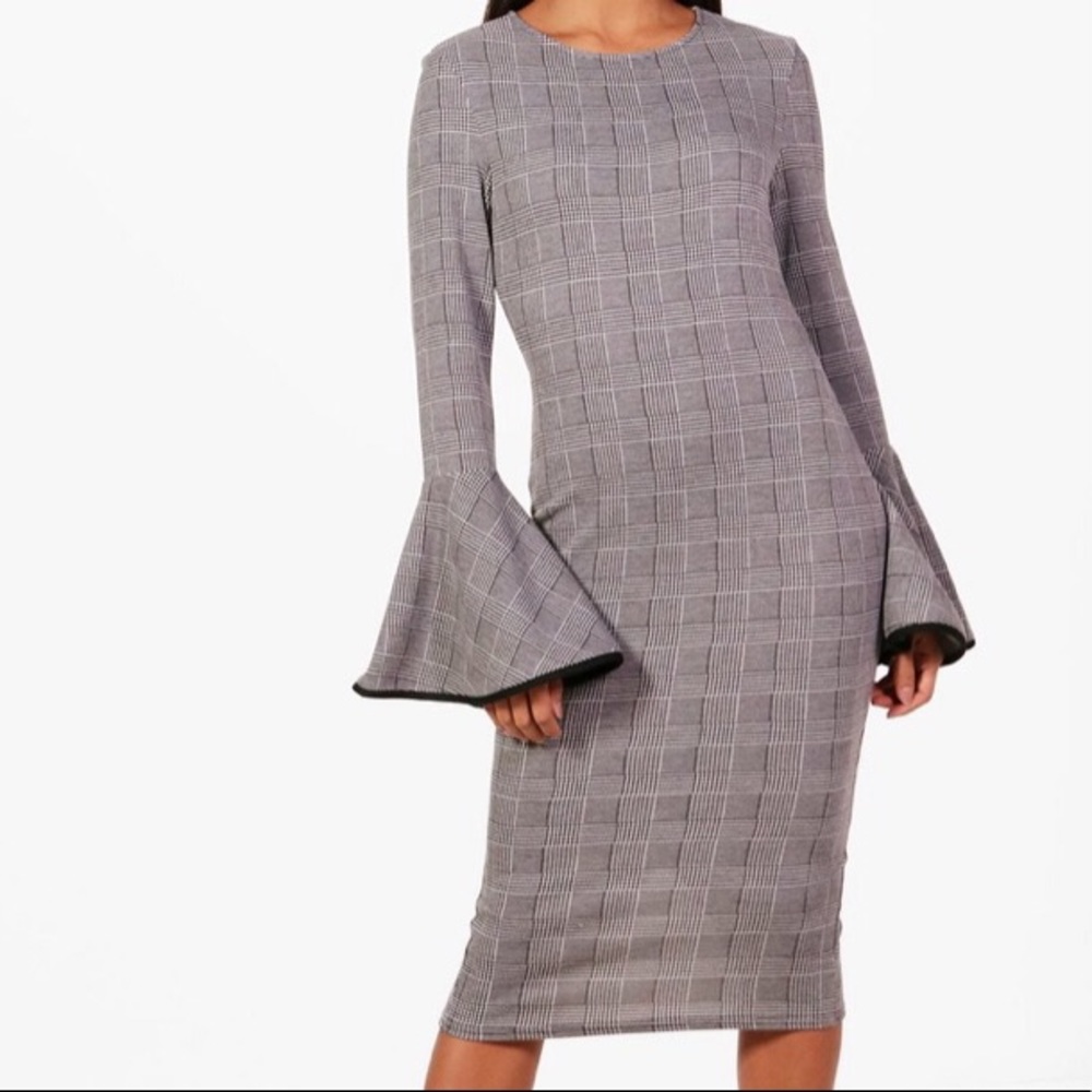 Boohoo Diana Check Fluted Sleeve Midi Dress